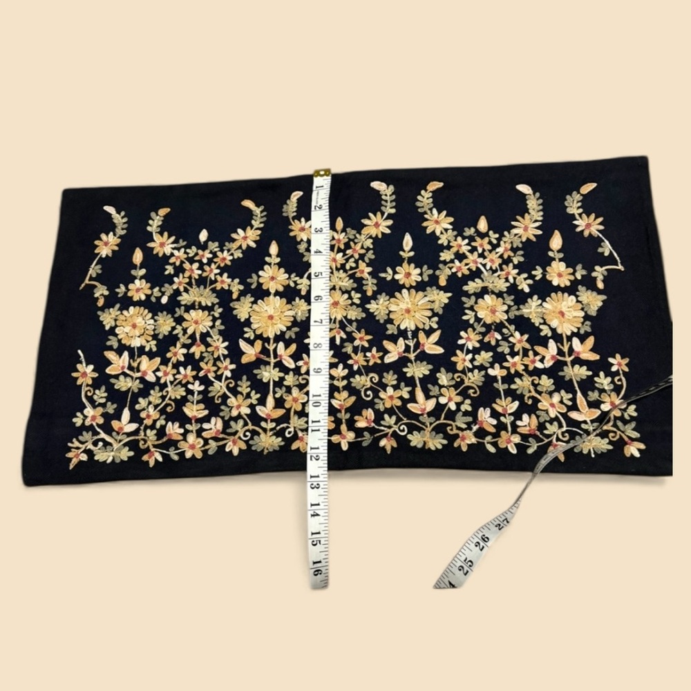 Wool Floral Embroidered Lumbar Pillow Cover With Solid Black Reverse - Picture 5 of 7